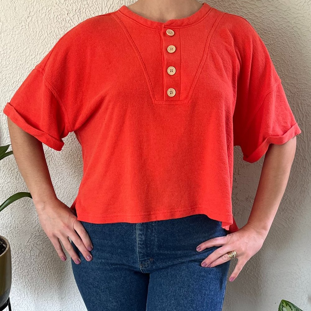 Universal Thread Womens Cropped Top Button Front Short Sleeve Red Size XXL